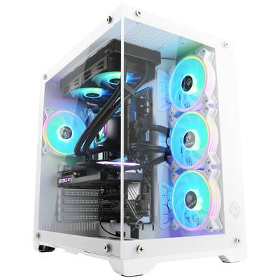 Un ordinateur moderne, transparent avec un éclairage RVB coloré, plusieurs ventilateurs et des composants internes visibles.