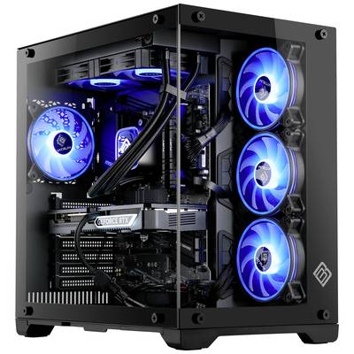Boîtier d'ordinateur noir avec quatre ventilateurs bleus lumineux, la carte graphique et la carte mère sont visibles. PC gaming haut de gamme.