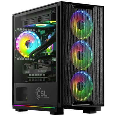 Un PC de jeu moderne avec un boîtier transparent, montrant trois ventilateurs éclairés à l'avant et un éclairage LED coloré à l'intérieur.