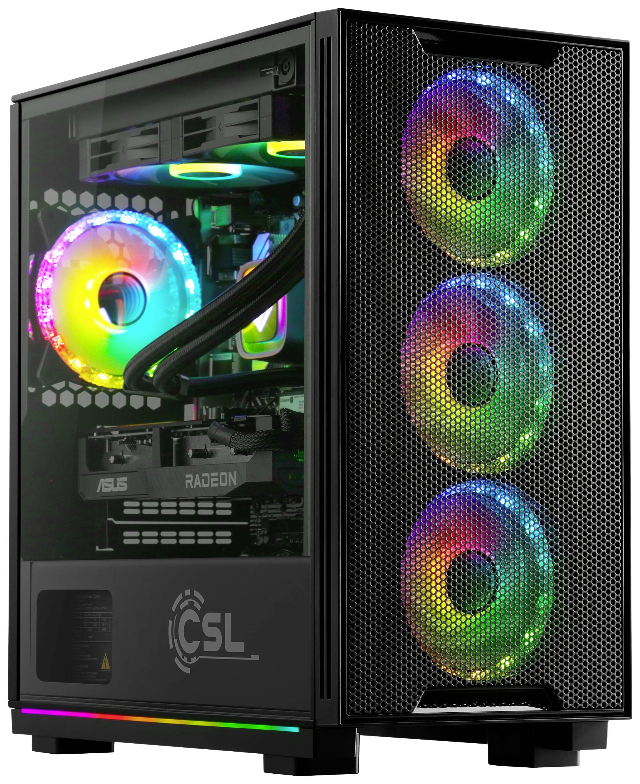 Un PC de jeu moderne avec des ventilateurs à éclairage RVB et un boîtier transparent qui met en valeur le matériel interne.