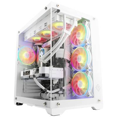 Un ordinateur blanc avec plusieurs ventilateurs LED lumineux et colorés. Câbles et composants visibles à l'intérieur du boîtier.