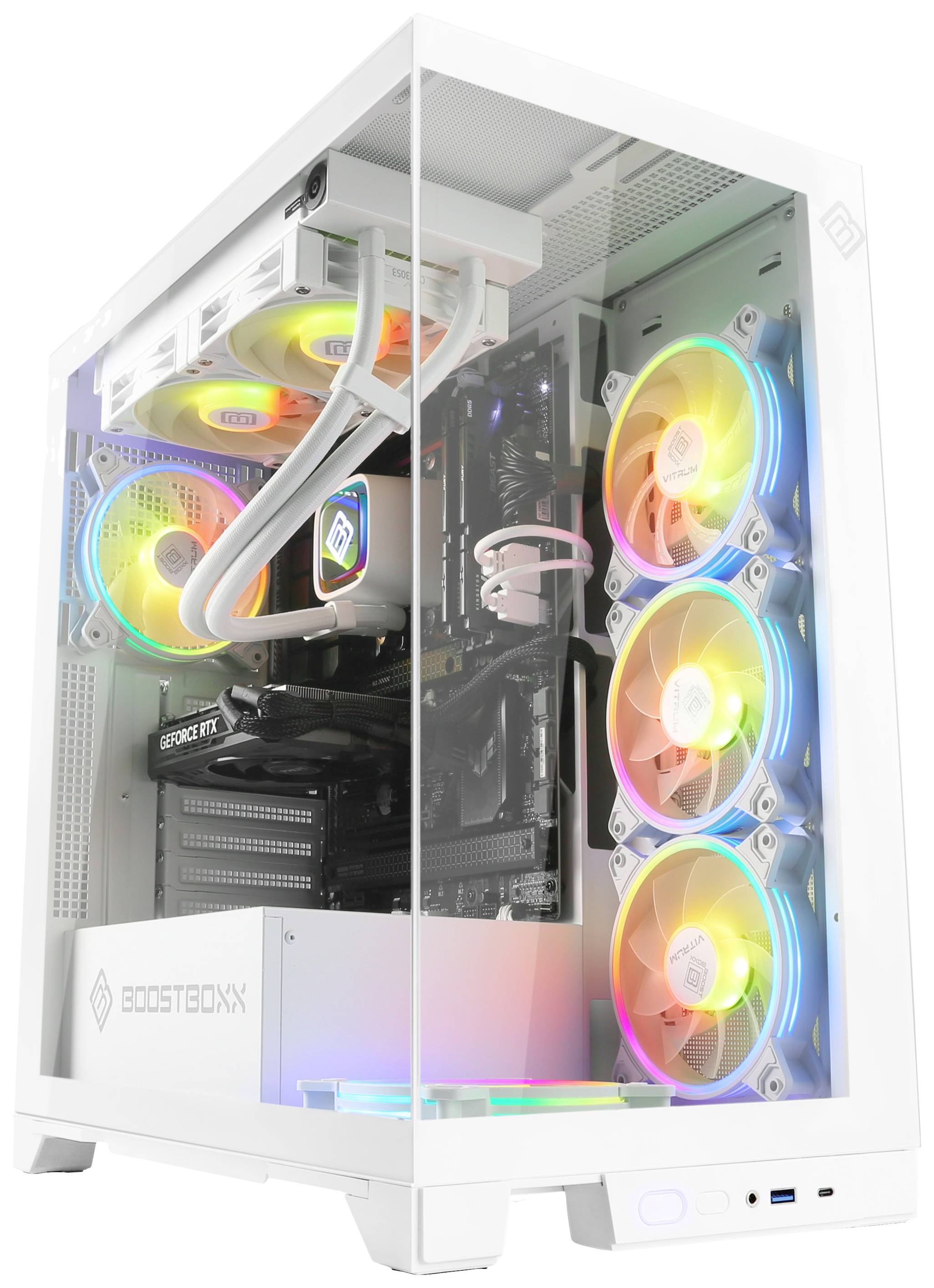 PC de jeu à boîtier transparent ; présente des ventilateurs RGB colorés et des composants haut de gamme.