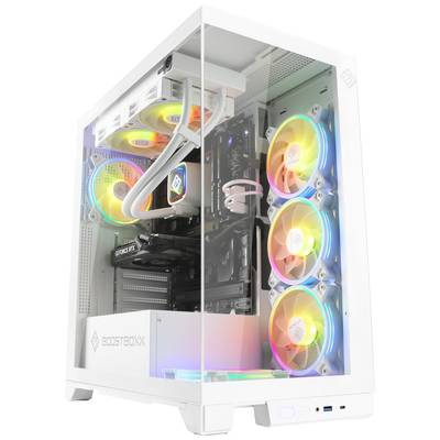 PC de jeu à boîtier transparent ; présente des ventilateurs RGB colorés et des composants haut de gamme.