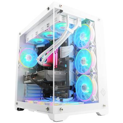 Un boîtier PC blanc avec quatre ventilateurs visibles, éclairés dans des couleurs vives ; une carte graphique est également visible.