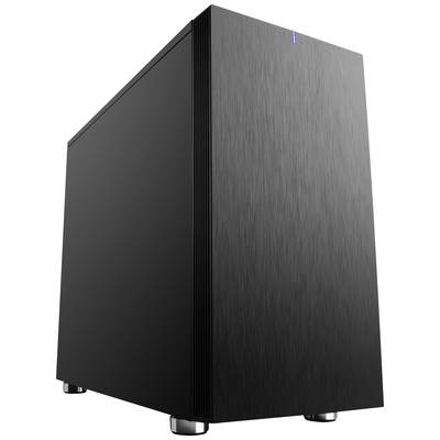 Boîtier d'ordinateur noir, minimaliste, avec un éclairage LED bleu en haut.