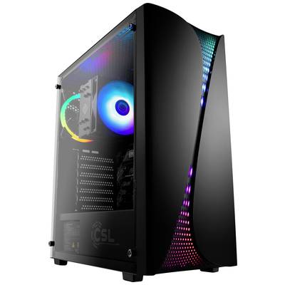 Boîtier d'ordinateur noir avec un panneau latéral transparent, laissant apercevoir un éclairage LED coloré et des composants internes.