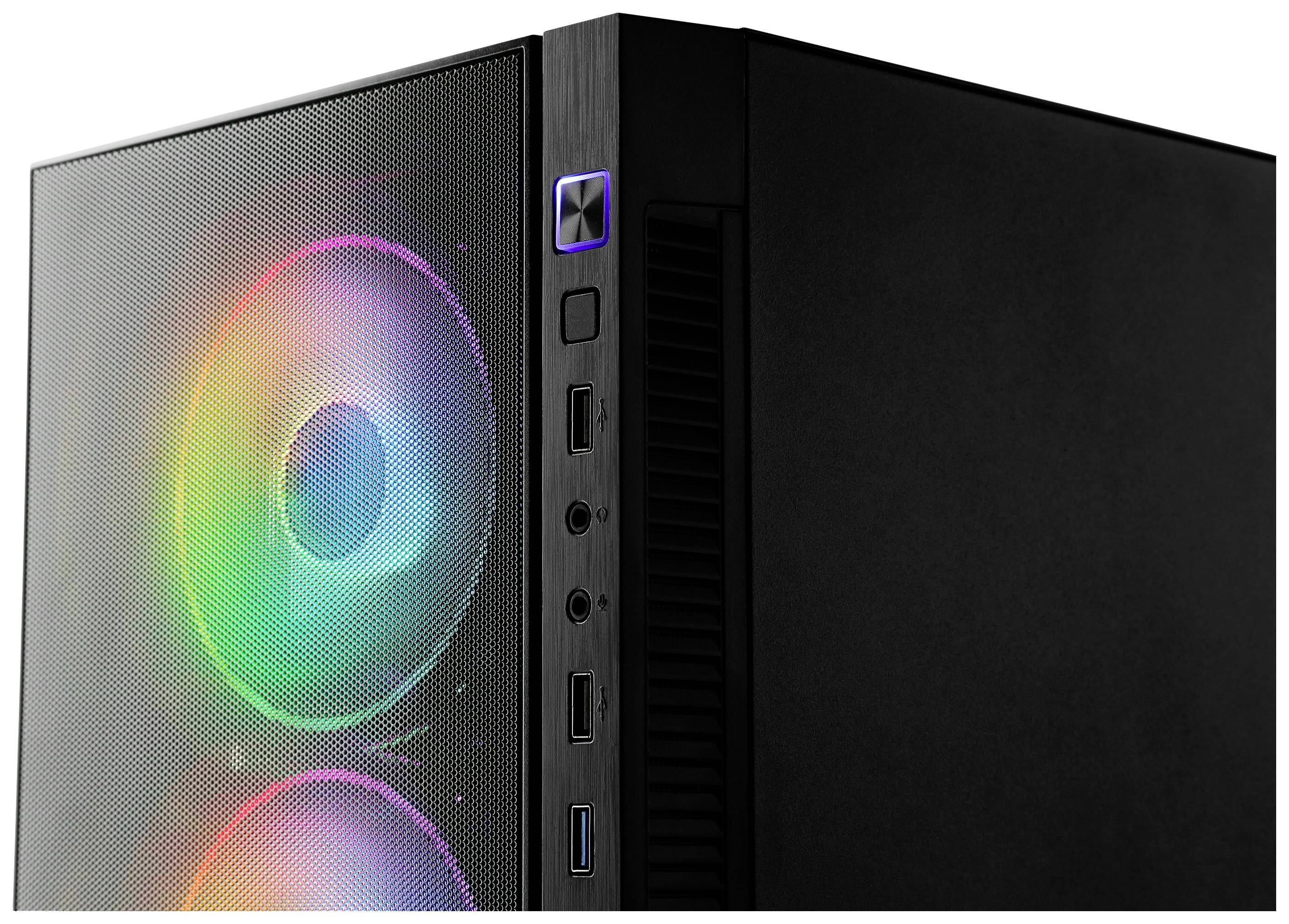 Un boîtier d'ordinateur noir vu de côté, avec deux ventilateurs multicolores lumineux. Des ports de connexion sont visibles sur la gauche.