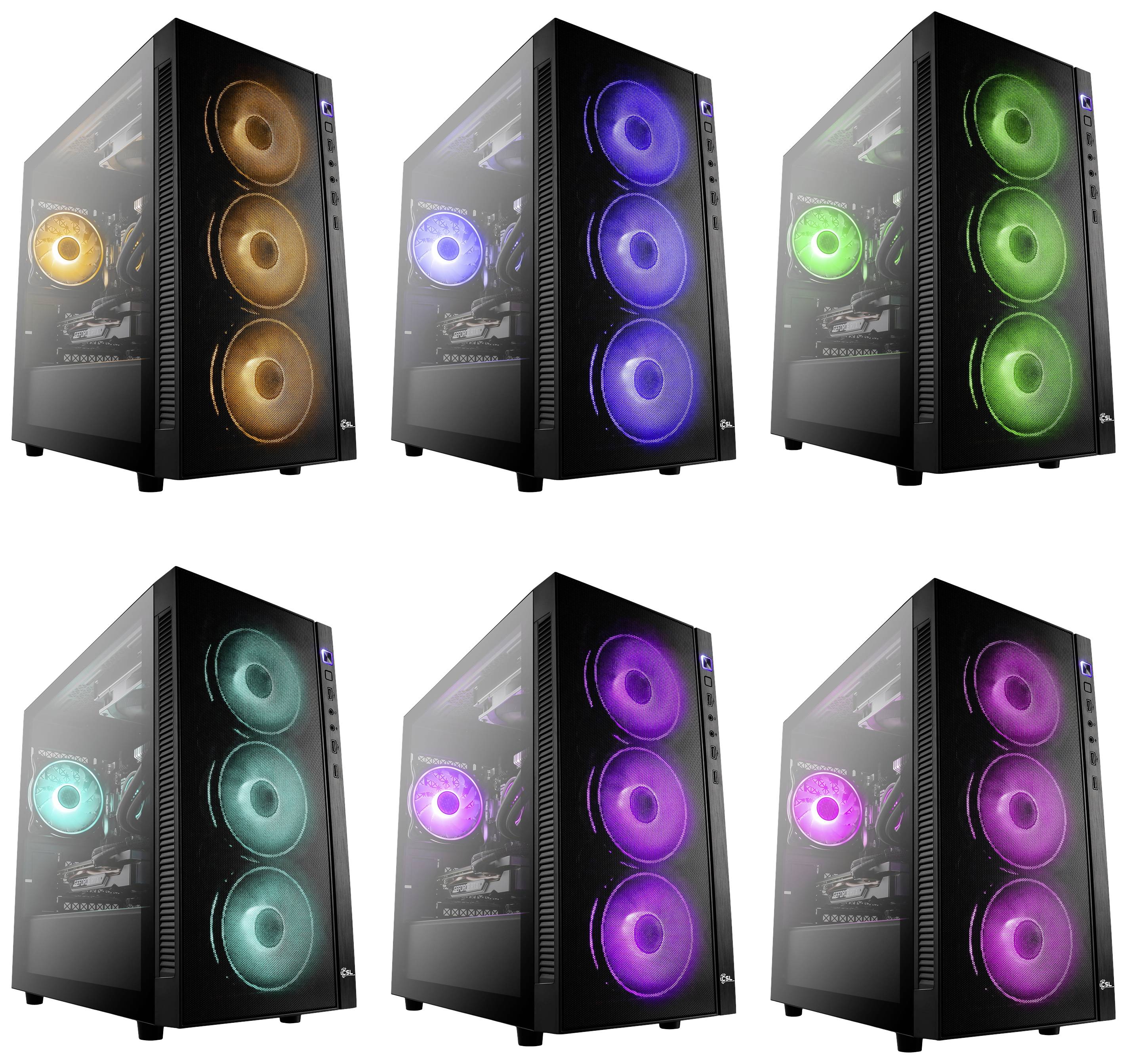 Six boîtiers de PC gaming avec façade en verre montrent des ventilateurs illuminés colorés. Couleurs de gauche à droite : orange, bleu, vert, cyan, rose, violet.