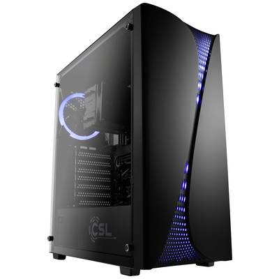 Tour d'ordinateur noire avec paroi latérale transparente et éclairage LED bleu.