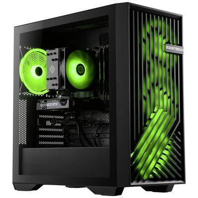 'PC gamer avec boîtier éclairé en vert, fenêtre en verre montrant les ventilateurs et la carte graphique. Design LED à l'avant et logo Boostboxx.'