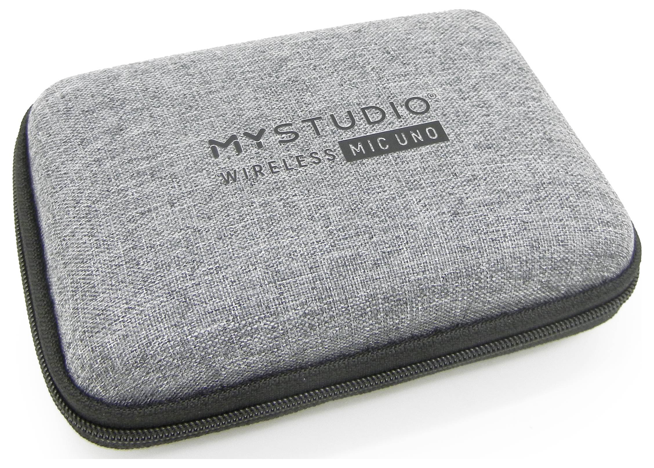 Sac en tissu gris avec fermeture à glissière, imprimé avec 'MYSTUDIO WIRELESS MIC UNO'.