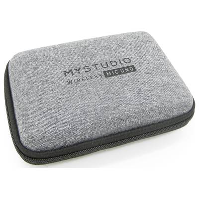 Sac en tissu gris avec fermeture à glissière, imprimé avec 'MYSTUDIO WIRELESS MIC UNO'.