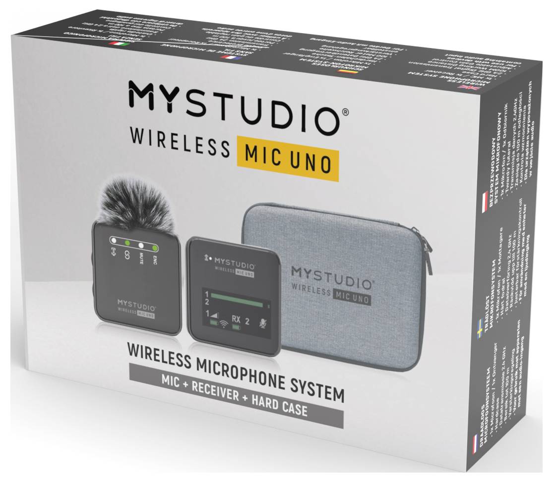 L'emballage du MYSTUDIO Wireless MIC UNO présente un système de microphone sans fil comprenant un microphone, un récepteur et un étui.