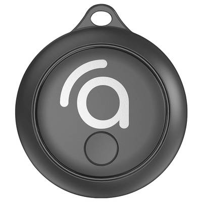 Un porte-clés rond noir avec un logo blanc 'a' au centre. Le porte-clés possède un petit anneau en haut.