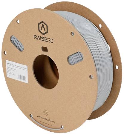 Bobine de filament pour imprimante 3D, PLA gris, marque Raise3D. Conditionnée sur une bobine en carton ronde avec logo de la marque. Idéal pour les projets d'impression 3D.