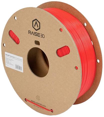 Rouleau de filament d'impression 3D rouge de Raise3D sur un support marron, montrant la marque et le matériau utilisé.
