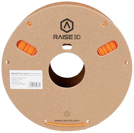 Grande bobine de filament d'impression 3D orange de Raise3D, avec un grand trou central, logo et site web visibles sur le face avant.