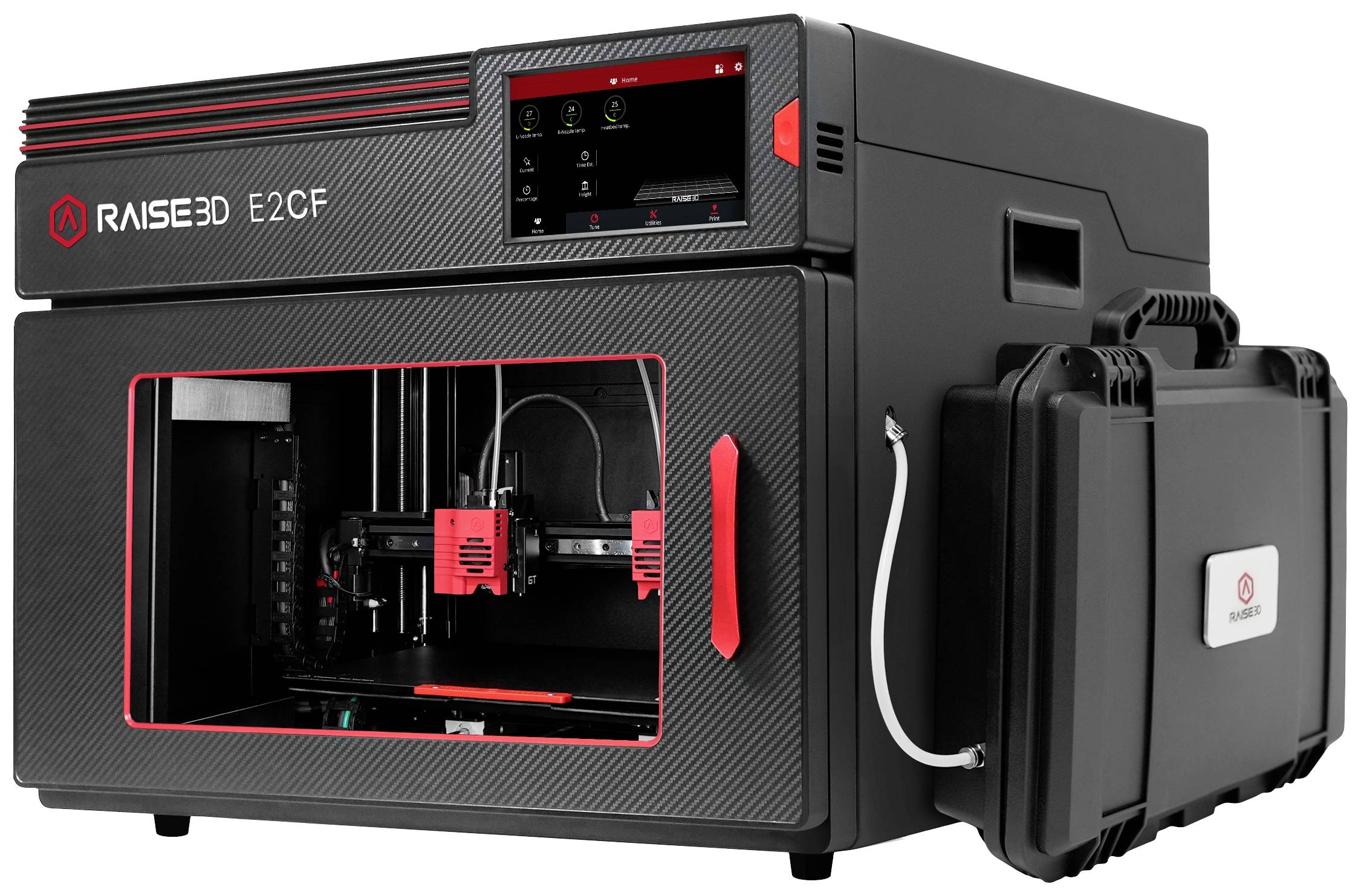 Imprimante 3D dans un boîtier noir avec un accent rouge. Une porte transparente révèle l'intérieur. Un écran en haut affiche les commandes.