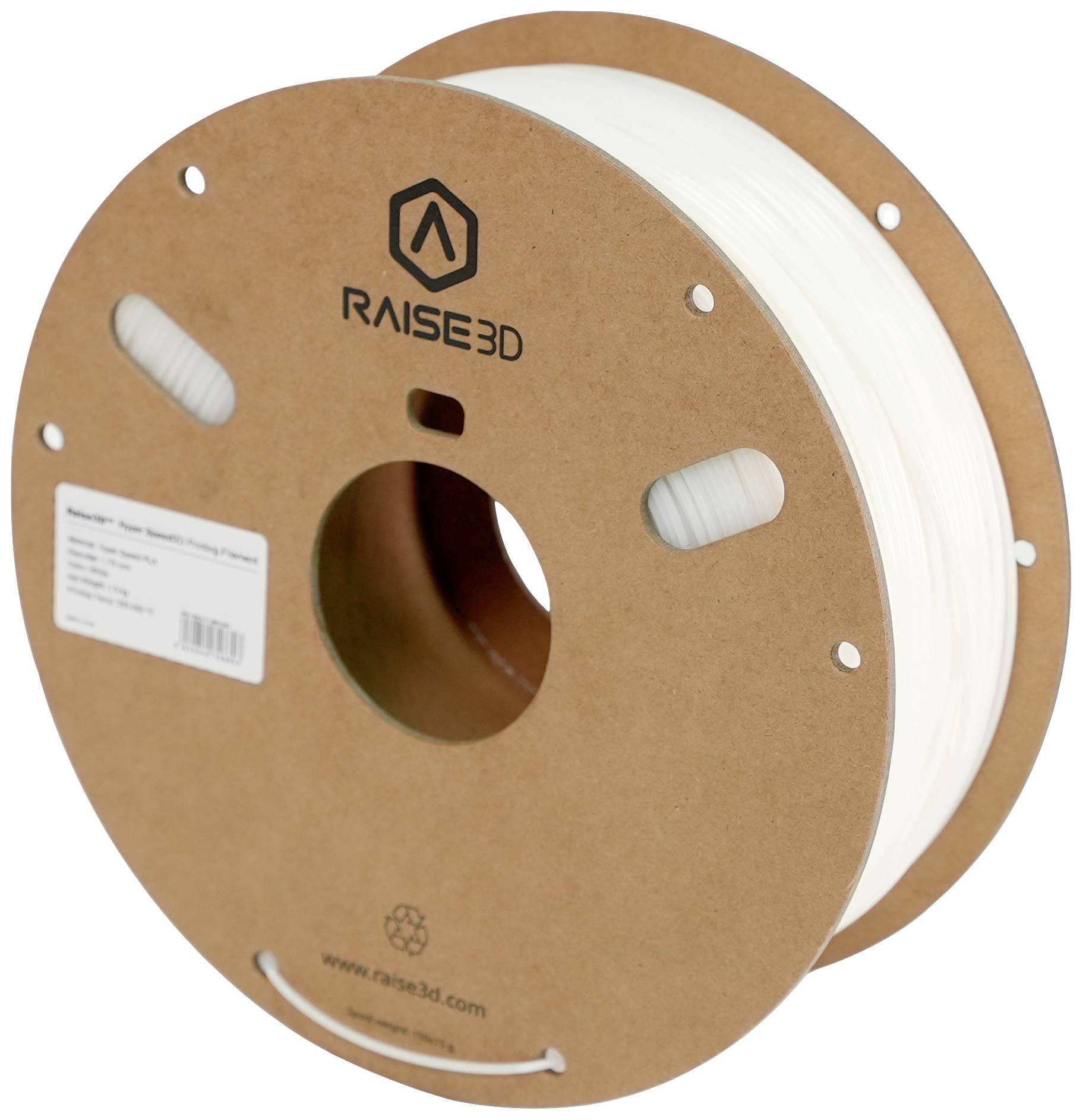 Un rouleau de filament PLA blanc de Raise3D, adapté pour l'impression 3D. Le rouleau porte une étiquette brune avec le logo et les informations produit.