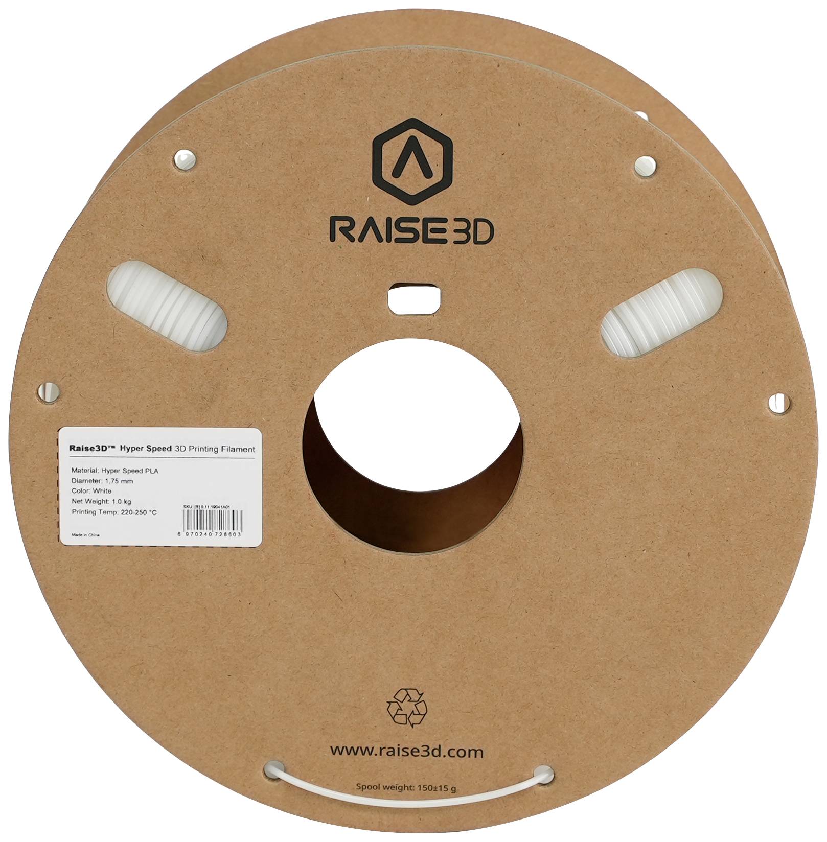 Bobine de filament PLA blanc Raise3D. L'étiquette fournit des informations sur le matériau (Hyper Speed PLA), le poids et les paramètres d'impression.