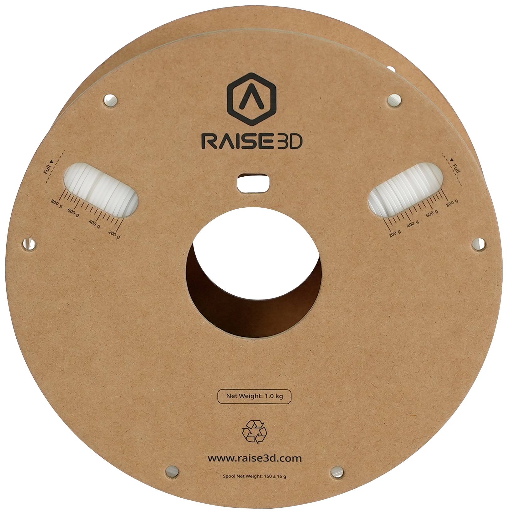 Une bobine de filament marron de Raise3D avec des filaments blancs. Poids 1,0 kg. Site web ci-dessous : 'www.raise3d.com'.