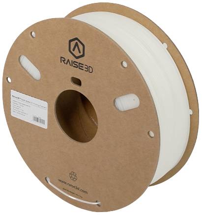 Bobine blanche avec filament pour imprimante 3D, marque Raise3D, fabriquée en carton, avec une étiquette visible portant des informations sur le produit.