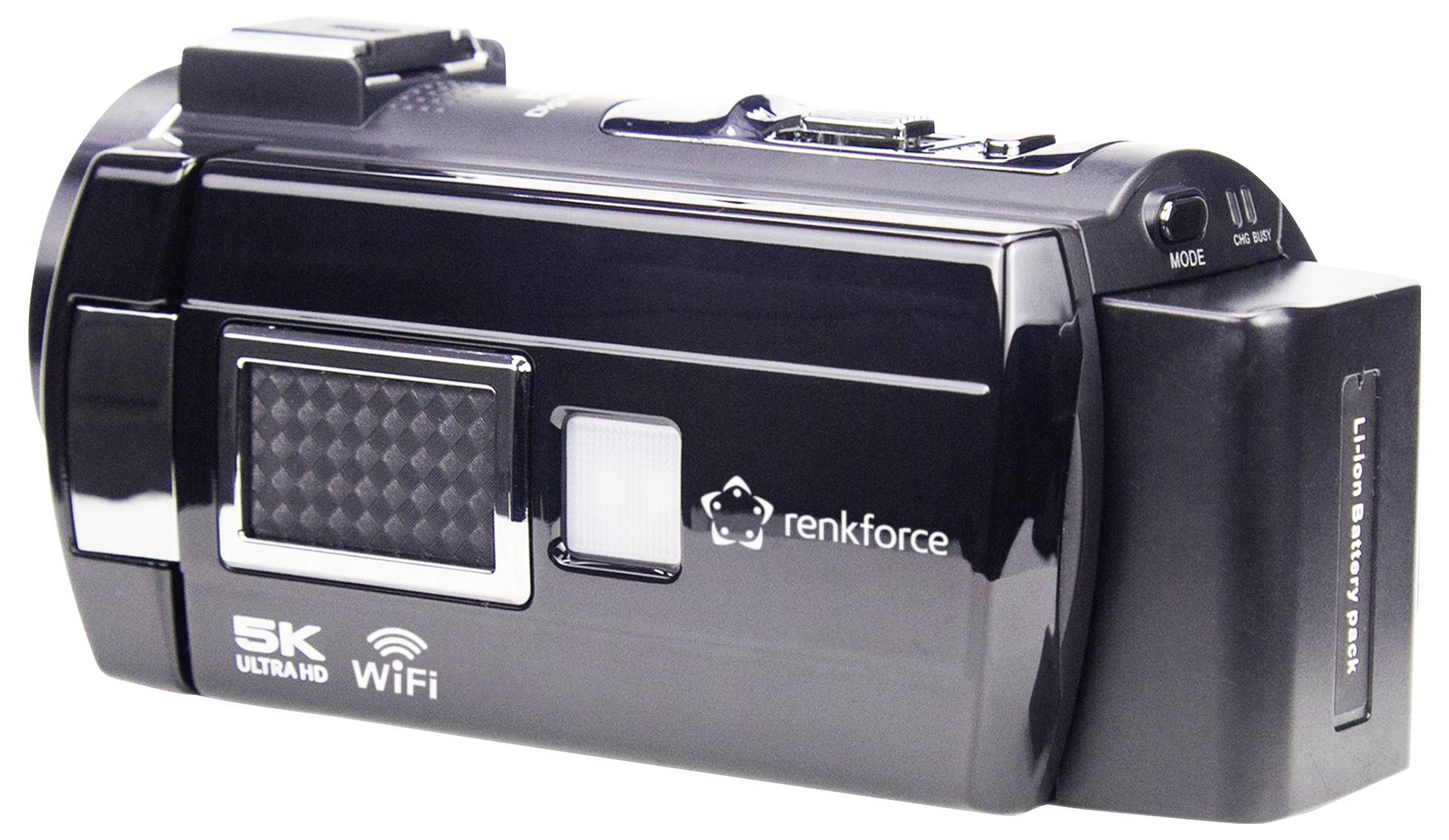 Un caméscope noir 5K Ultra HD avec fonction WiFi de Renkforce. À droite, une batterie lithium-ion amovible. Commutateur de mode en haut.