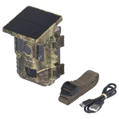 Caméra de chasse avec motif de camouflage et panneau solaire en haut. À côté, une sangle marron et un câble USB utilisés pour l'installation et la connexion.