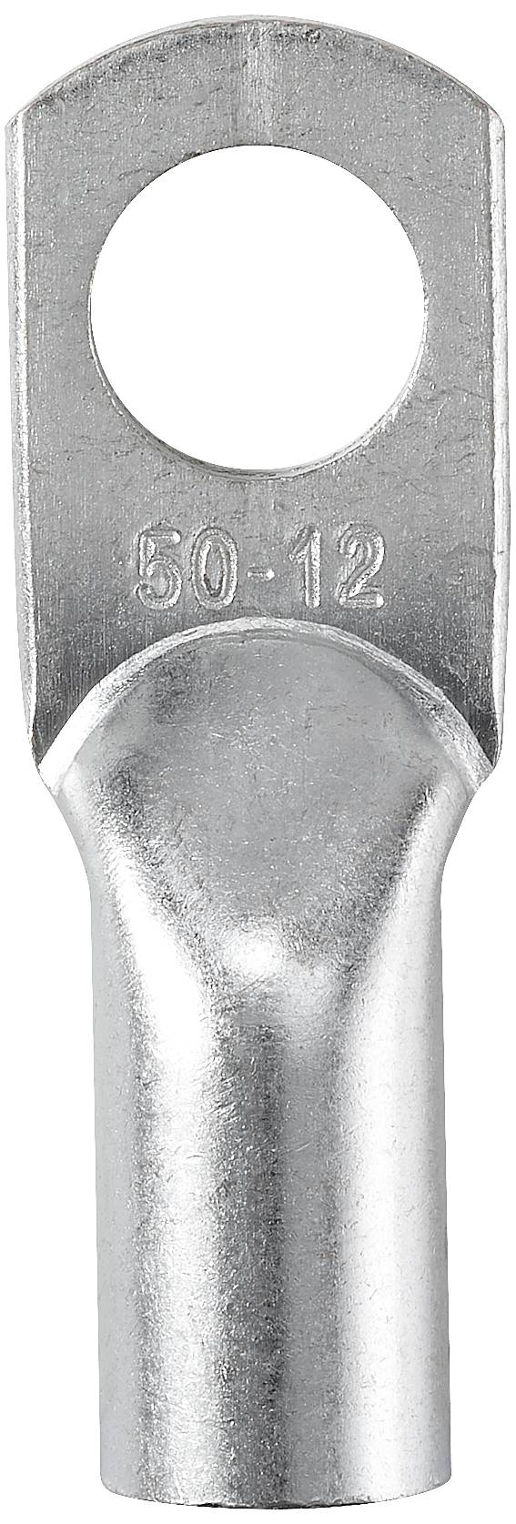 Un cosses de câble en métal étamé avec un trou de fixation, gravé '50-12', pour connexions électriques.