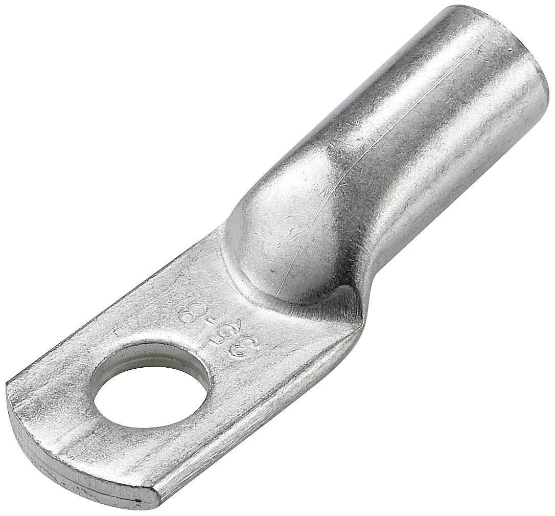 Pince de câble métallique avec trou de fixation, de forme cylindrique, destinée à la connexion de lignes électriques.