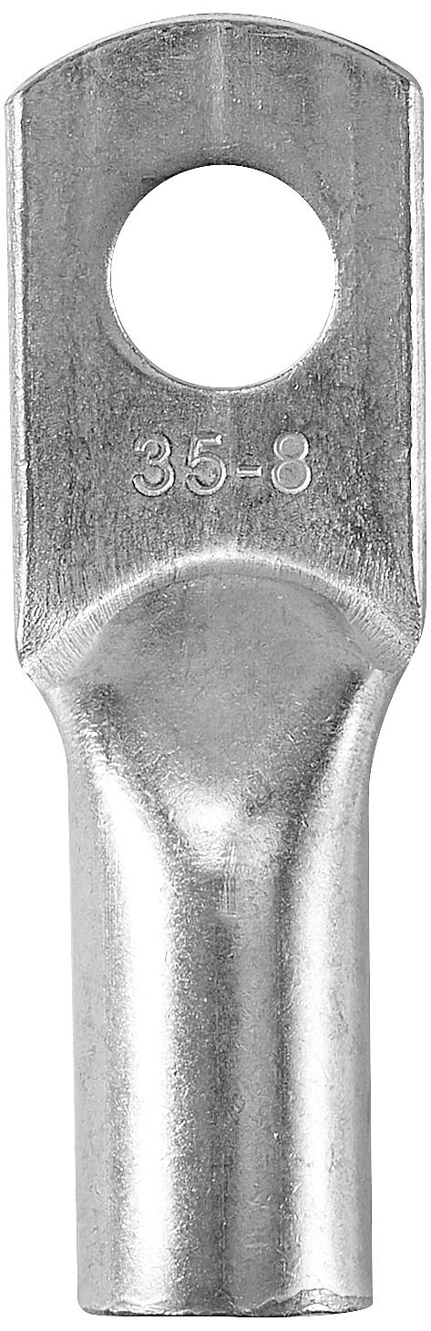 Un cosse de câble en métal argenté portant le numéro estampé '35-8', adapté pour connecter des câbles.