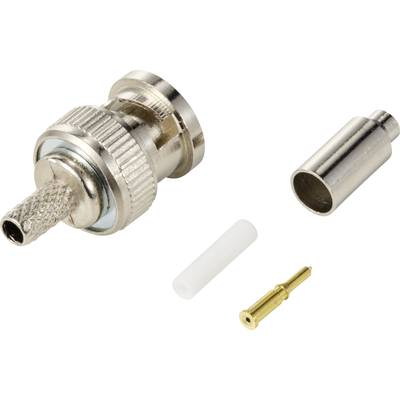 Un ensemble de connecteur coaxial BNC comprenant une partie de fiche en argent, un tube de protection, un isolant et une broche de contact en or.