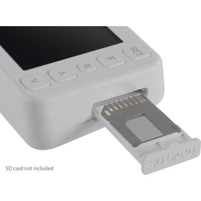 Un appareil avec une carte SD insérée. L'écran n'affiche aucune information. Remarque : 'Carte SD non présente'.
