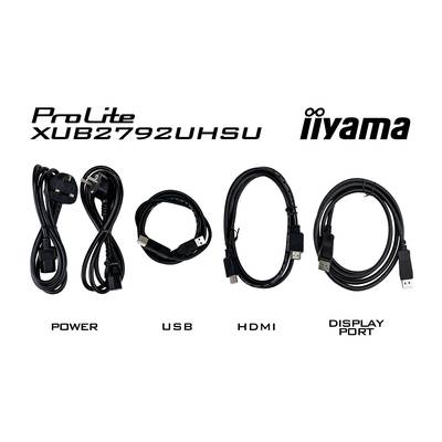 Illustration des pièces accessoires d'un iiyama ProLite XUB2792UHSU : câble d'alimentation, câble USB, câble HDMI, câble DisplayPort.
