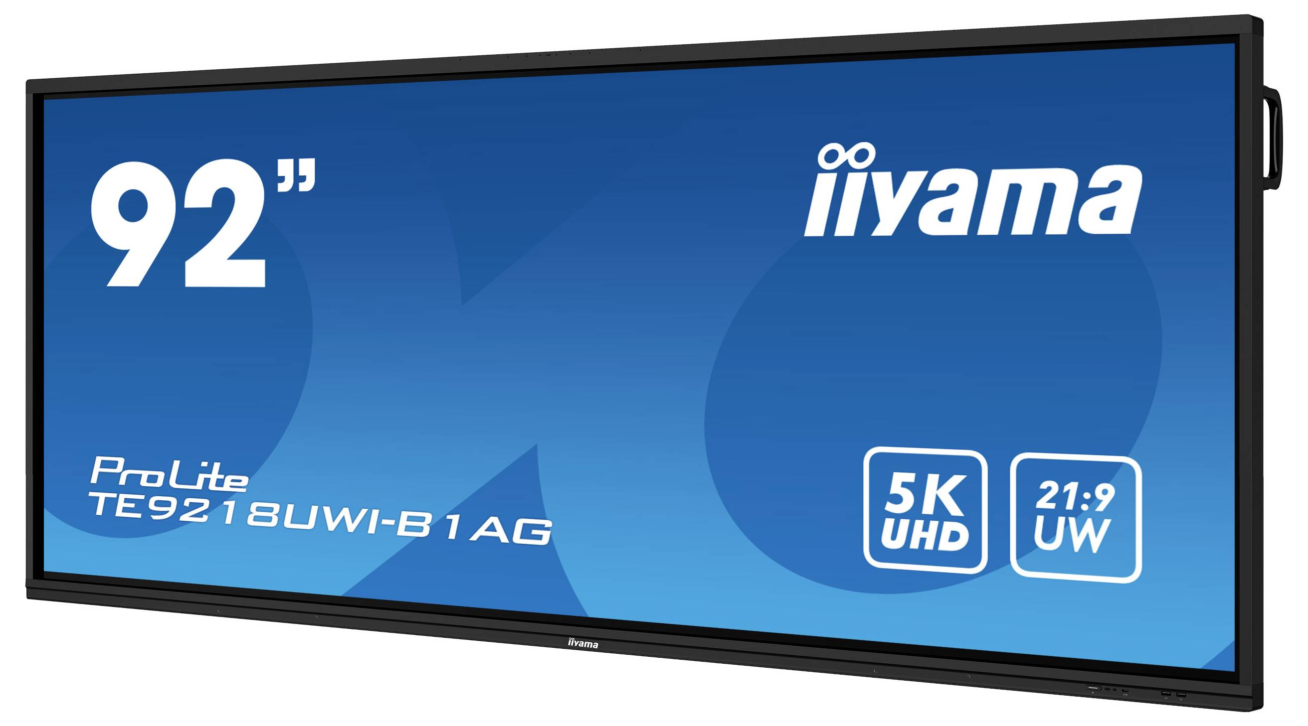 Un grand écran portant l'inscription '92" iiyama ProLite TE9218UWI-B1AG', offrant une résolution 5K UHD au format 21:9.