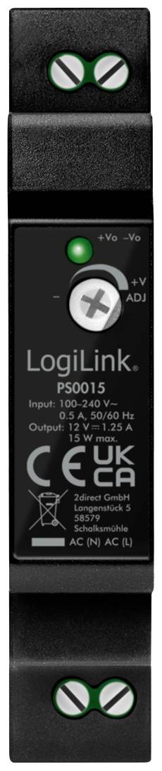 Bloc d'alimentation noir de LogiLink, modèle PS0015, entrée 100-240V, sortie 12V, 1,25A. Marquage CE au-dessous.