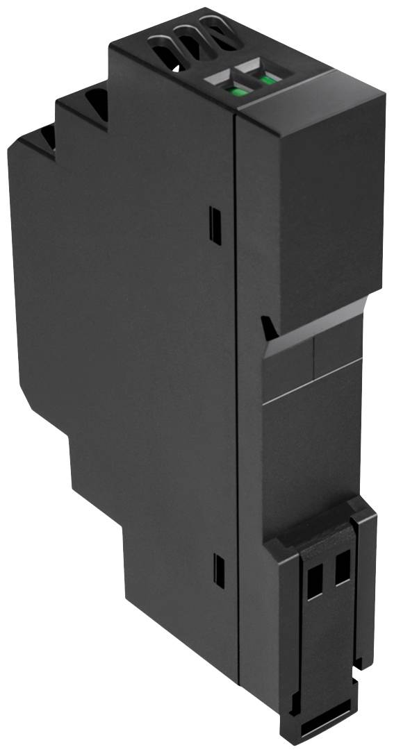 'Module électrique noir pour tableaux de distribution, équipé latéralement de plusieurs ouvertures de connexion, forme compacte pour montage sur rail DIN.'