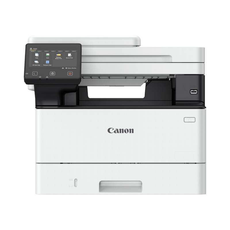 Imprimante multifonction blanche avec scanner et panneau de commande numérique, affichant des symboles pour les fonctions d'impression, de numérisation et de copie.