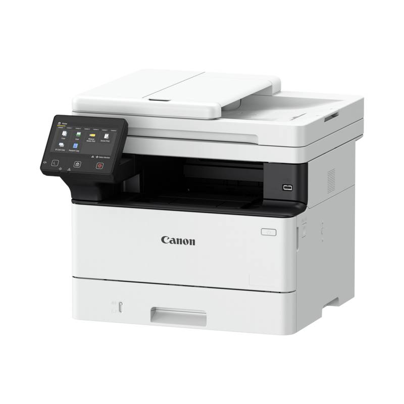 Une imprimante multifonction blanche avec un panneau de commande tactile, adaptée au bureau, logo de marque visible sur l'avant.
