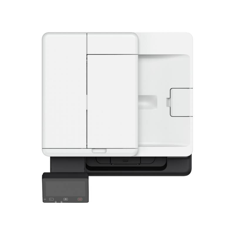Une imprimante avec un couvercle blanc et un panneau de commande noir sur le côté. Idéale pour un usage de bureau ou domestique.