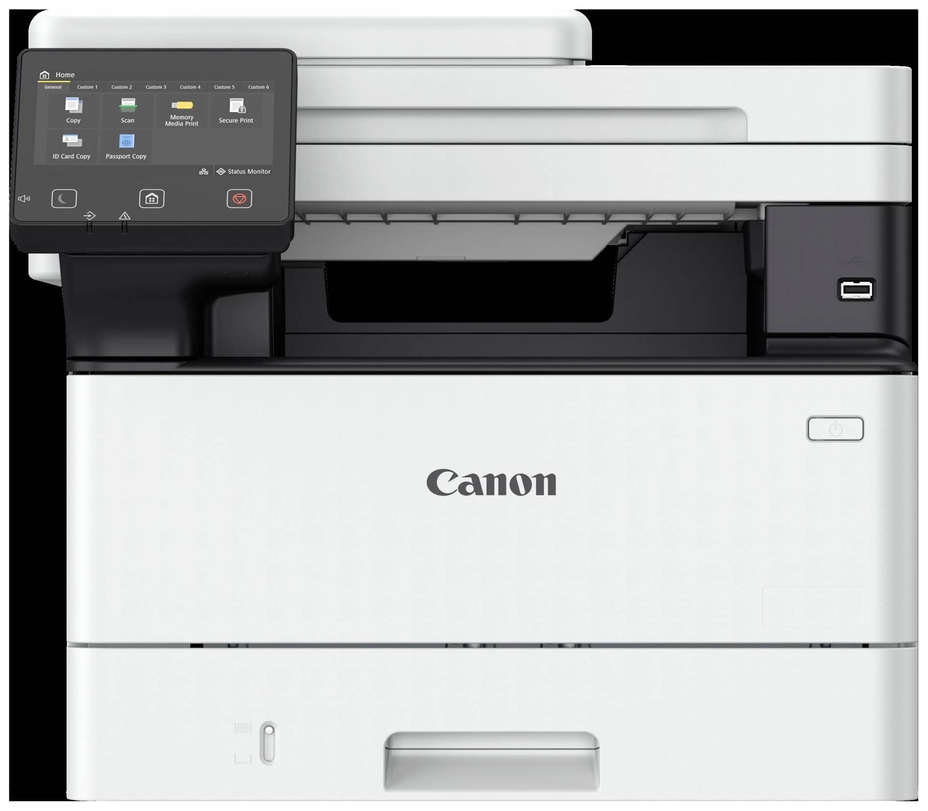 Un imprimante multifonction Canon avec un écran affichant les fonctions d'impression, de copie et de numérisation.