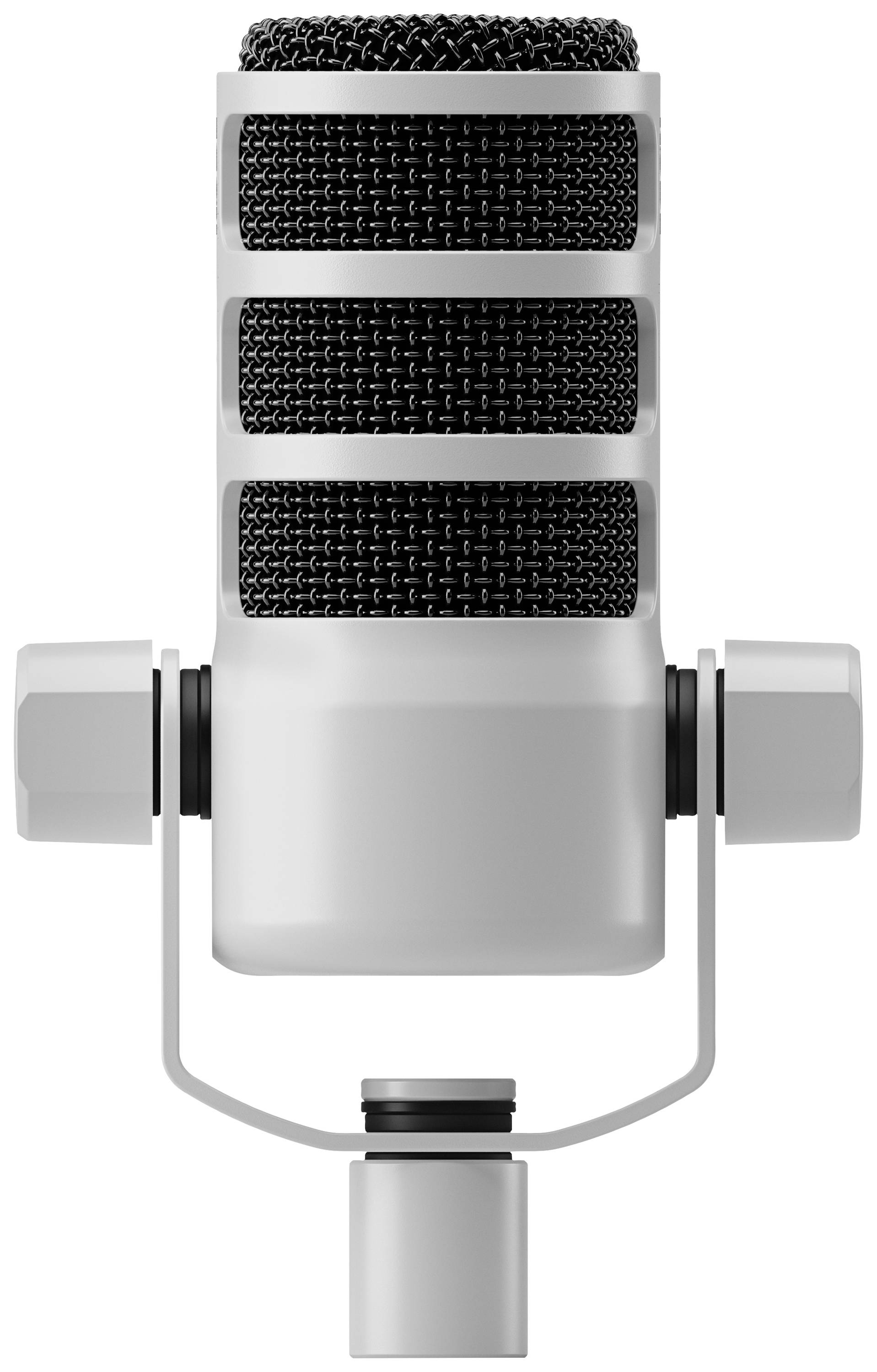 Un microphone de studio argenté avec une grille noire, représenté de face, suggère des enregistrements audio professionnels.
