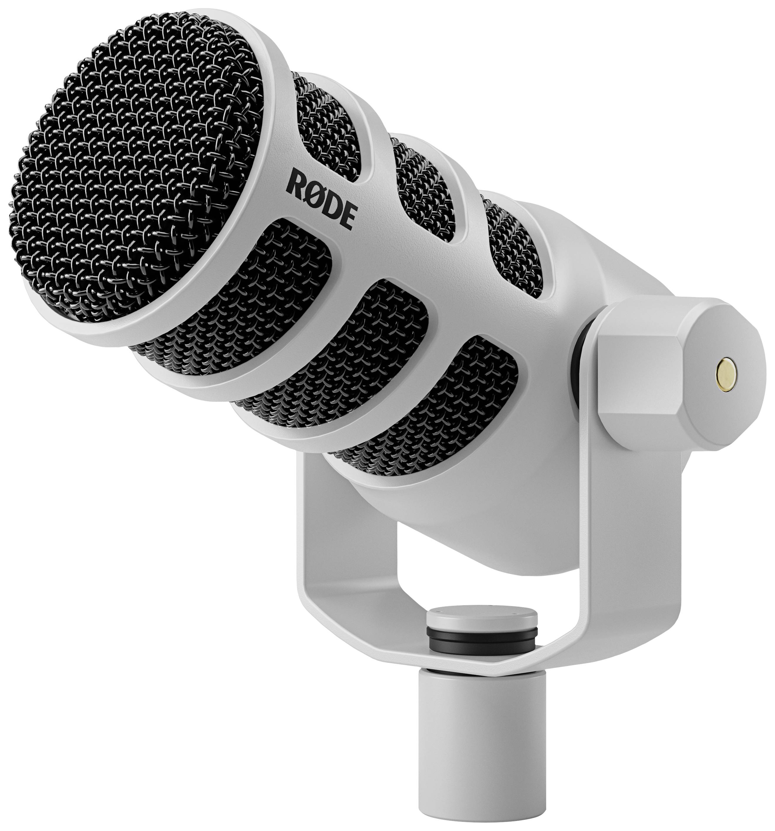 Un microphone de studio blanc avec une grille noire monté sur un support pivotant, adapté aux enregistrements audio professionnels en studio.