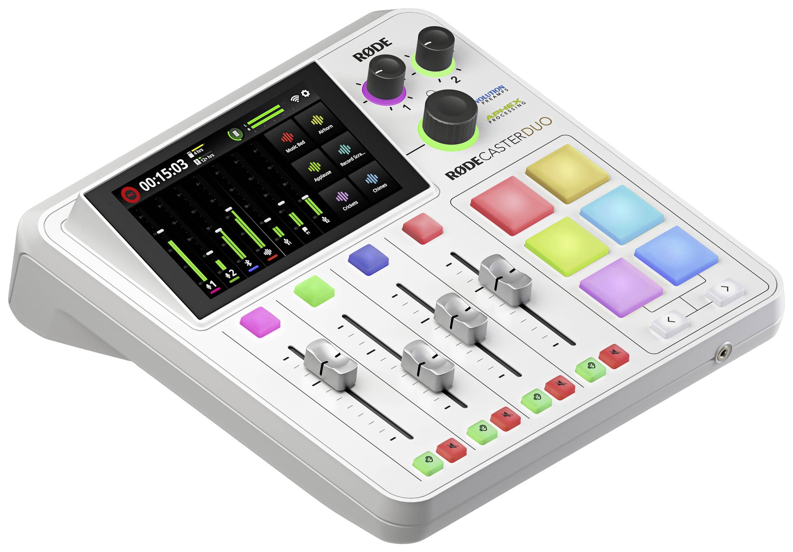 Une console de mixage avec différents curseurs, des touches de différentes couleurs, et un écran affichant des commandes de lecture audio.