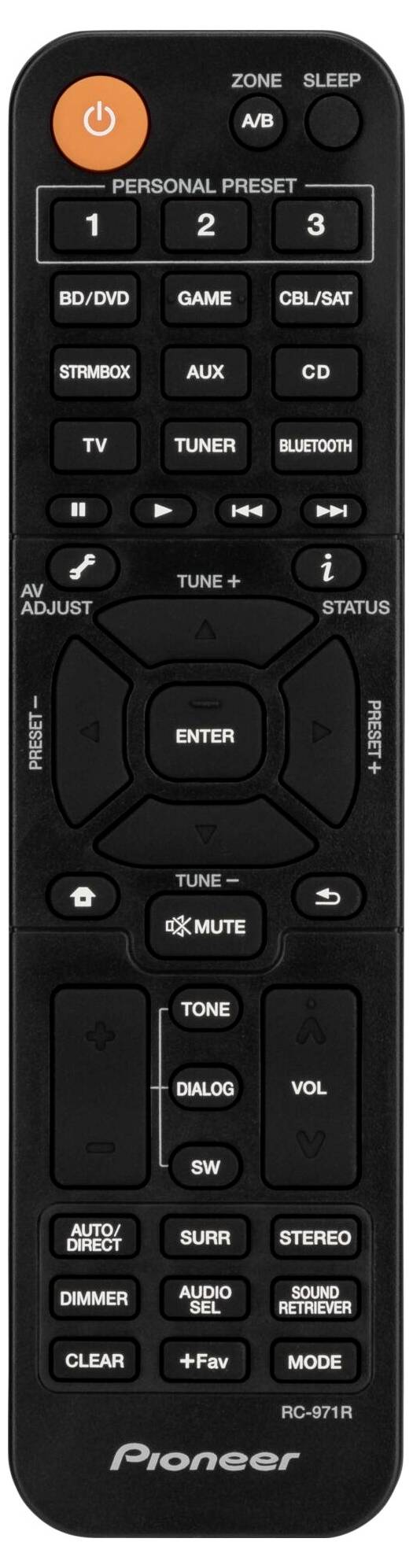 Télécommande avec touches pour BD/DVD, Jeu, AUX, CD, réglages audio, volume et tuner. Marquée 'Pioneer'.