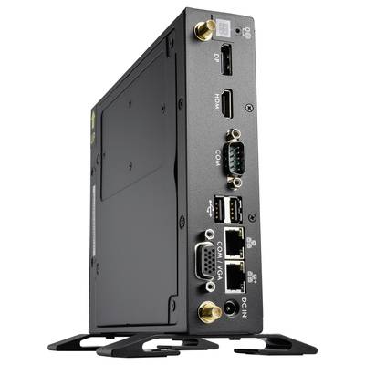 Un mini-PC noir avec plusieurs ports, notamment USB, HDMI, DP et VGA. L'ordinateur est posé verticalement et dispose de deux supports de stabilisation.
