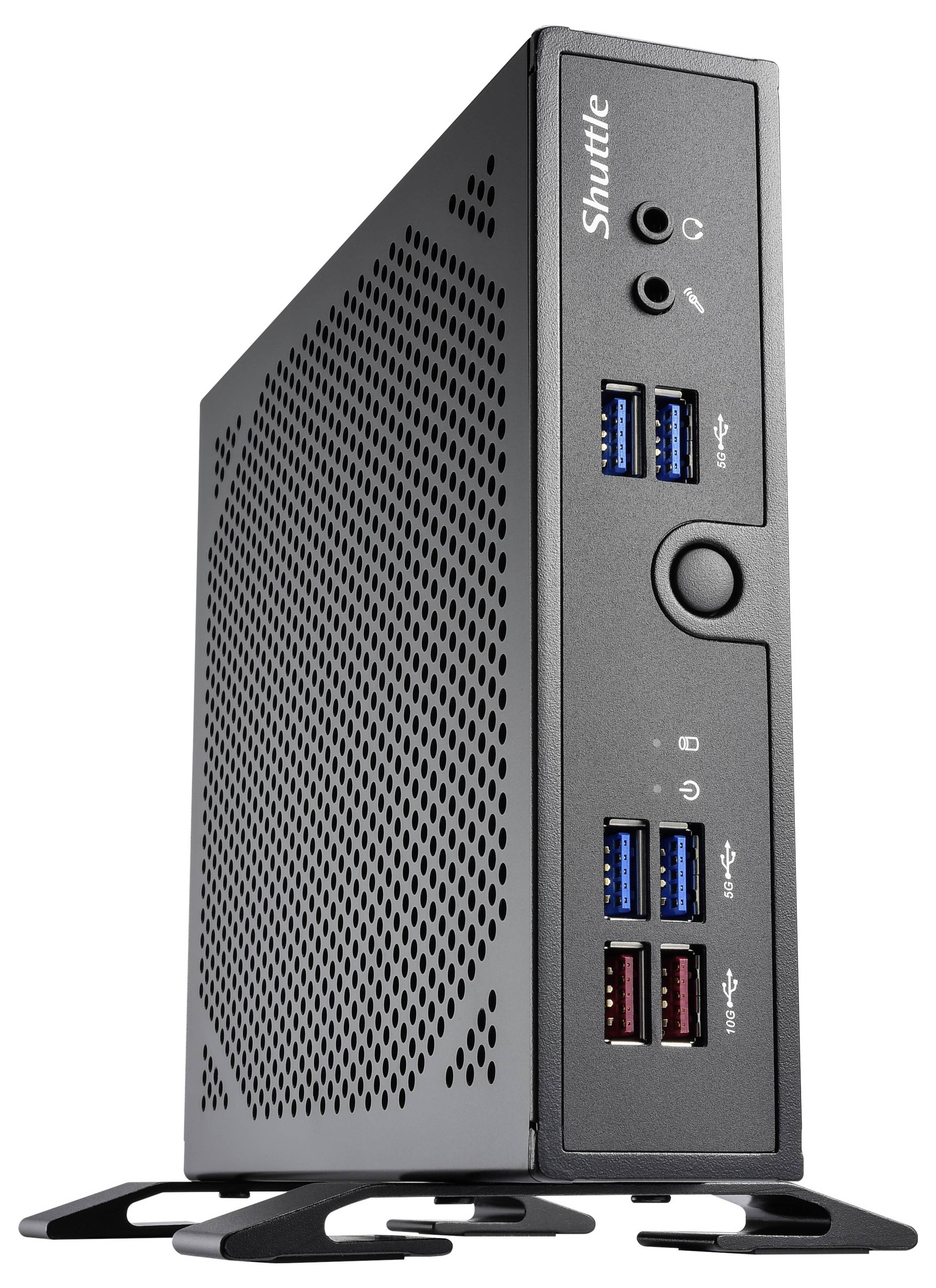 Un petit PC de bureau noir avec plusieurs ports USB à l'avant.
