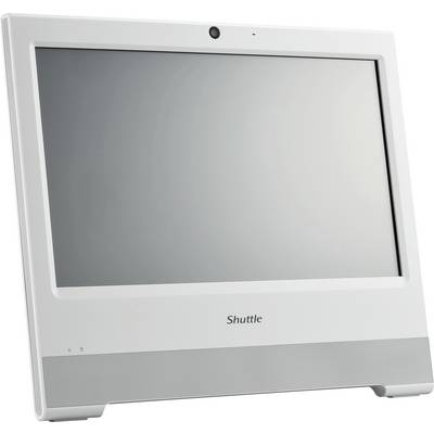 Un écran d'ordinateur blanc de marque Shuttle, photographié en biais sur un fond blanc.