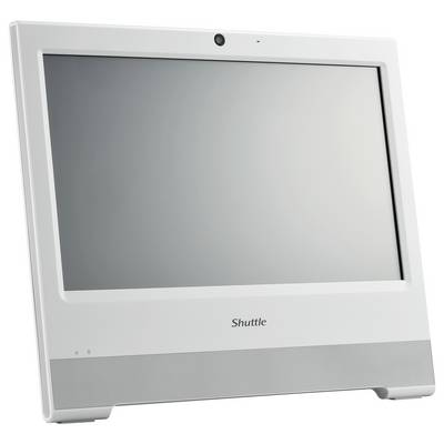 Un écran d'ordinateur blanc et élancé, avec un haut-parleur intégré, une webcam en haut et l'inscription 'Shuttle' en bas.