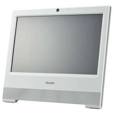 Un moniteur d'ordinateur blanc portant l'inscription 'Shuttle' sous l'écran, conçu dans un boîtier élégant et fin.